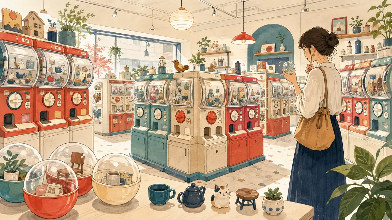 カプセルトイ売り場で商品を選ぶ人のイメージイラスト