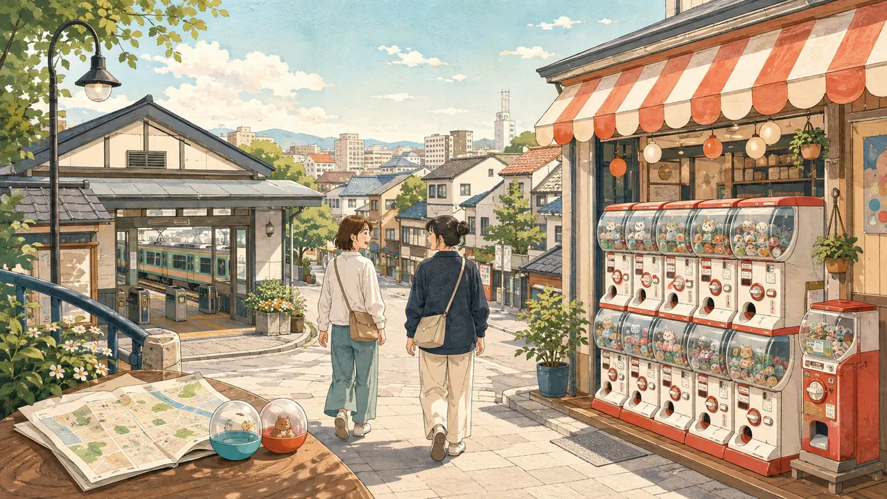 駅周辺でガチャのお店を巡る人たちのイメージイラスト