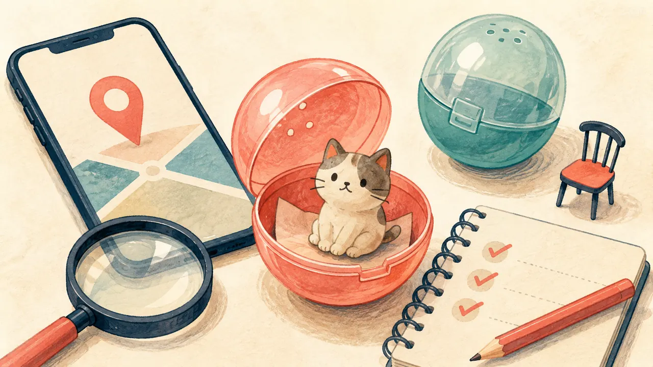 カプセルトイとスマートフォン、虫眼鏡、確認用ノートのイメージイラスト