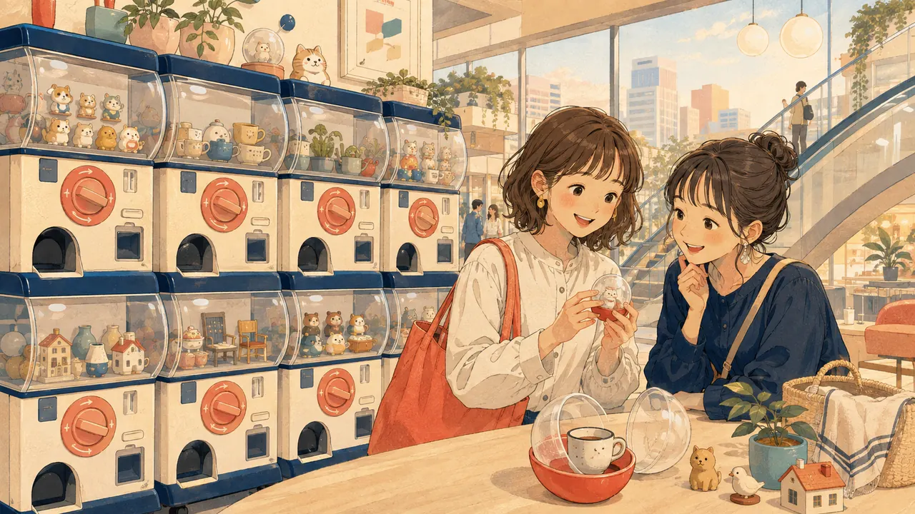 商業施設の買い物とカプセルトイを楽しむ人たちのイメージイラスト