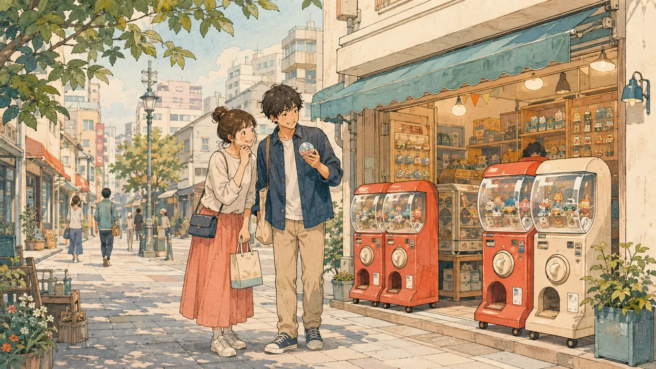 買い物の途中でカプセルトイ店に立ち寄る人たちのイメージイラスト