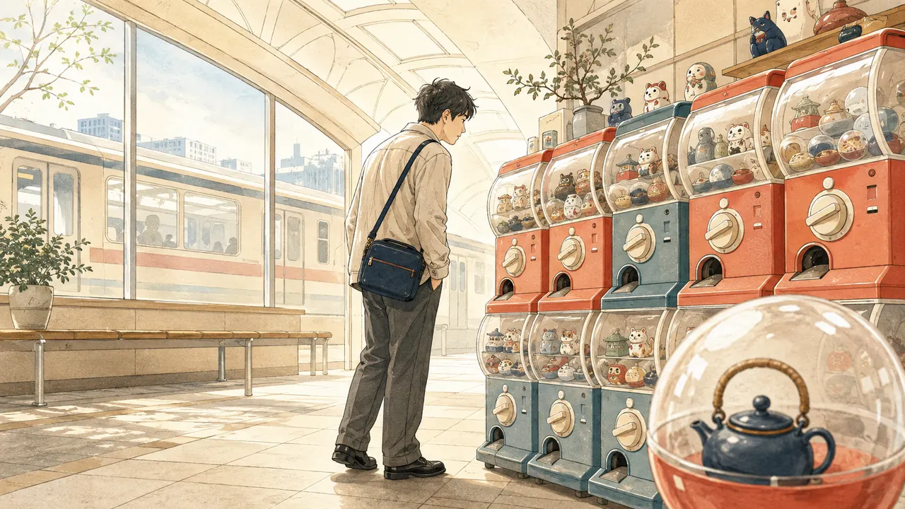駅での移動中にミニチュアのカプセルトイを選ぶ人のイメージイラスト